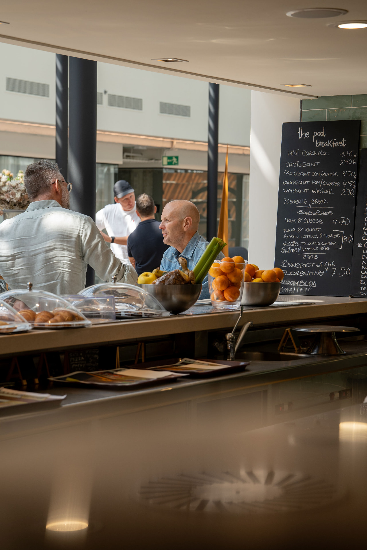Morning conversation at the breakfast bar