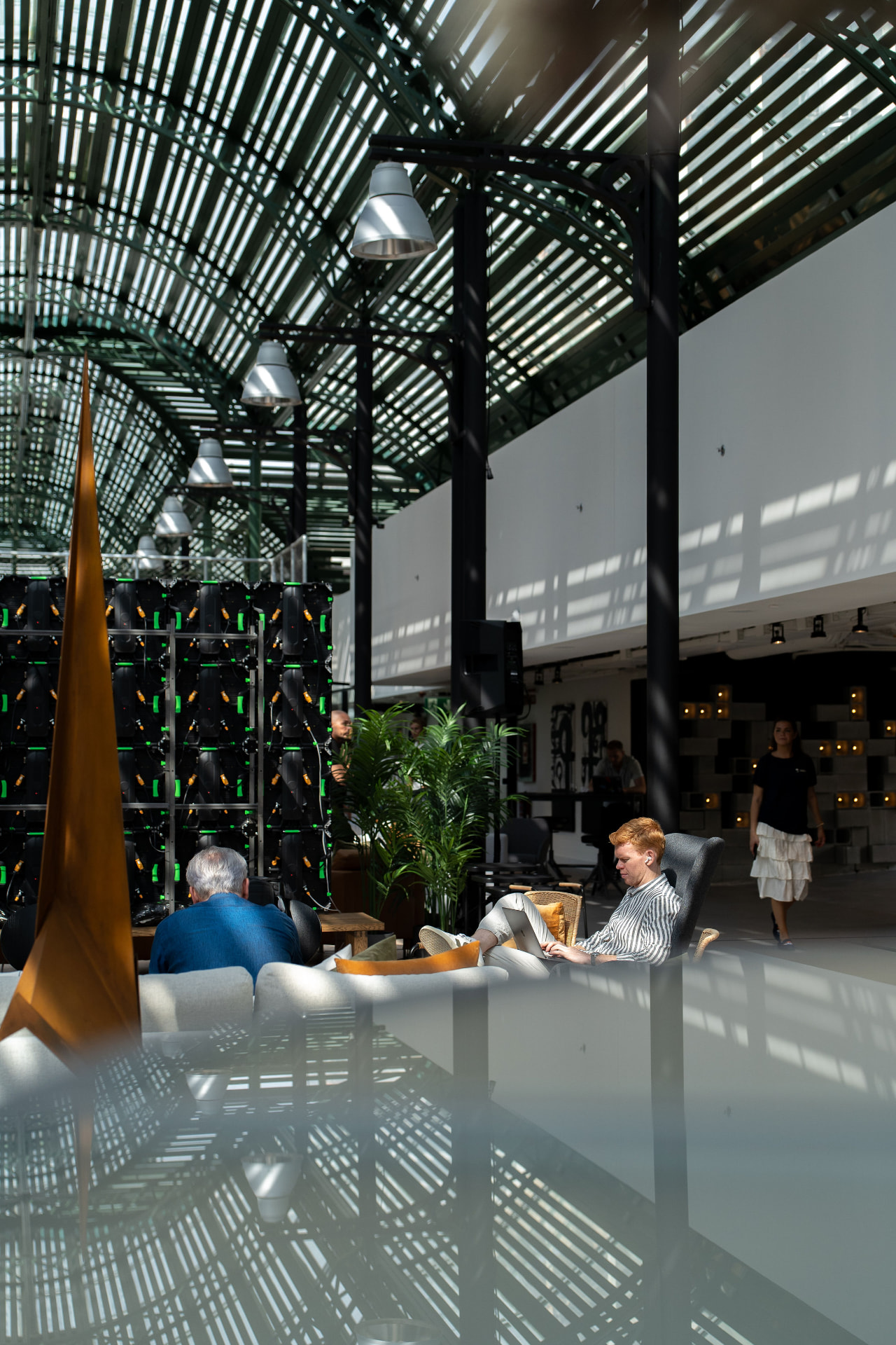 Lounge seating under the glass roof